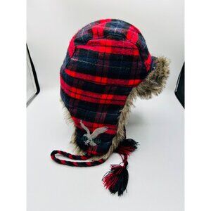 America Eagle Outfitters AEO RTM Trapper Hat Size S/M Faux Fur Plaid Red Tartan